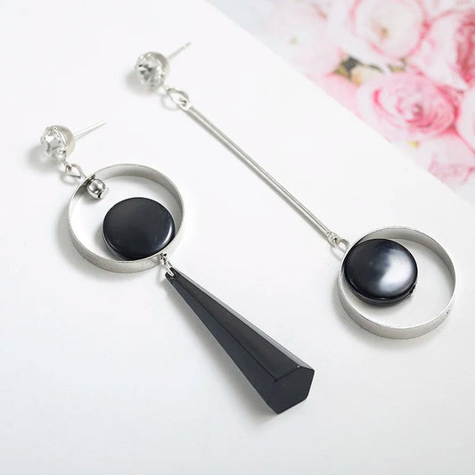 Silver Black Circle Triangle Drop Earrings-Ariette Jewelry