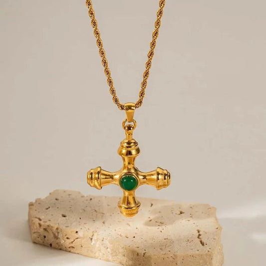 Vintage Gold Cross Pendant & Centered Green Gem Necklace-Ariette Jewelry