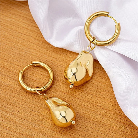 Vintage Gold Pear-Shaped Dangle Hoop Earrings-Ariette Jewelry