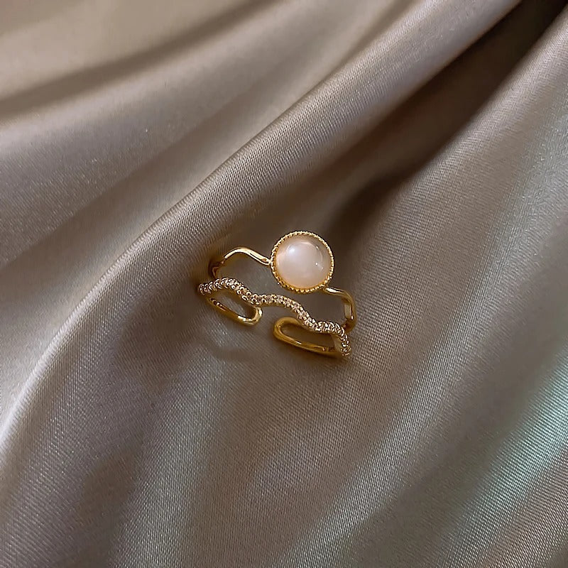 Vintage White Pearl & Gold Wave Adjustable Ring-Ariette Jewelry