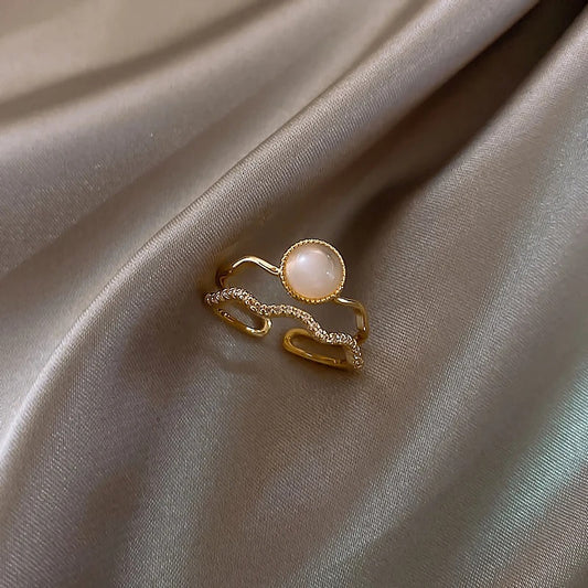 Vintage White Pearl & Gold Wave Adjustable Ring-Ariette Jewelry