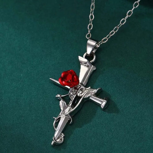 Silver Religious Cross & Rose Thorn Necklace-Ariette Jewelry