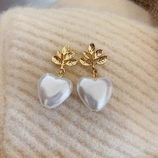 Vintage Gold Leaf Heart Earrings-Ariette Jewelry