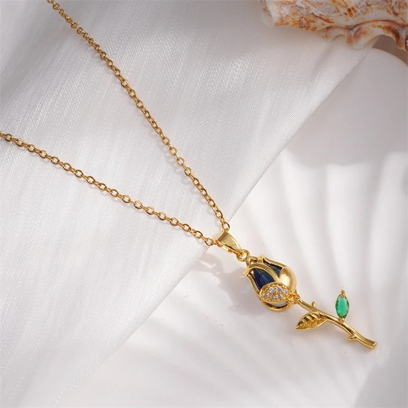 Vintage Gold Rose & Blue Gemstone Necklace-Ariette Jewelry