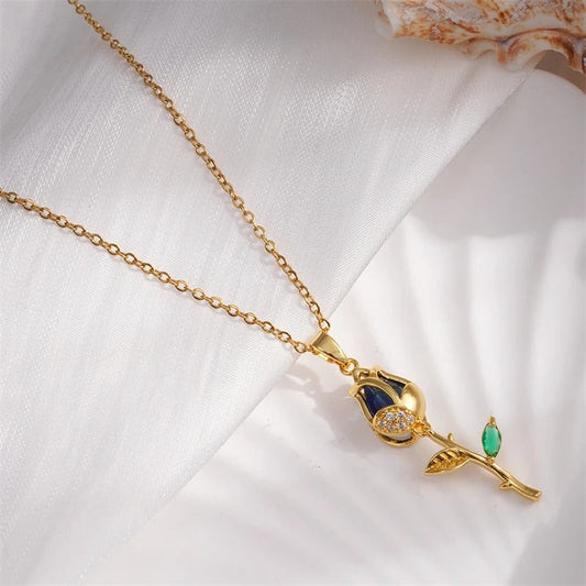 Vintage Gold Rose & Blue Gemstone Necklace-Ariette Jewelry