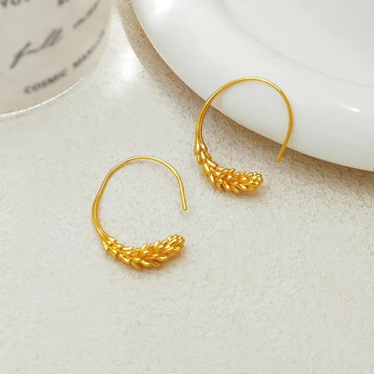 Gold Wheat Leaf Hoop Earrings-Ariette Jewelry