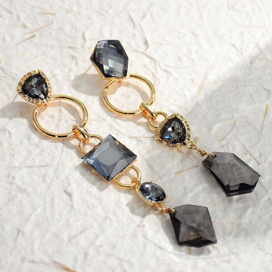 Vintage Black Crystal Gold Drop Earrings-Ariette Jewelry