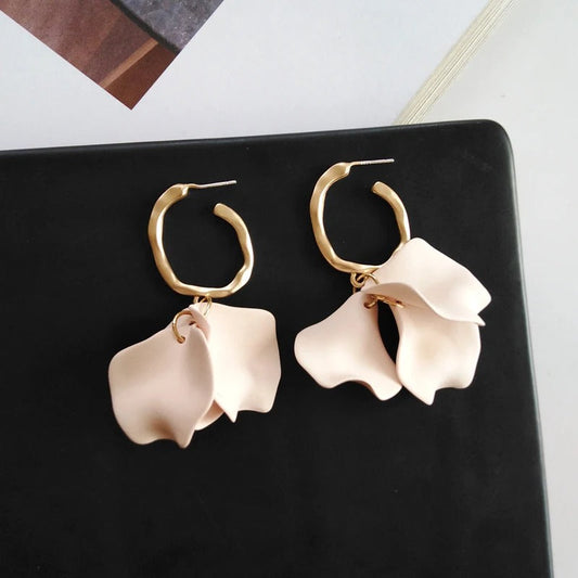 Vintage Gold Soft Pink Petal Design Hoop Earrings-Ariette Jewelry