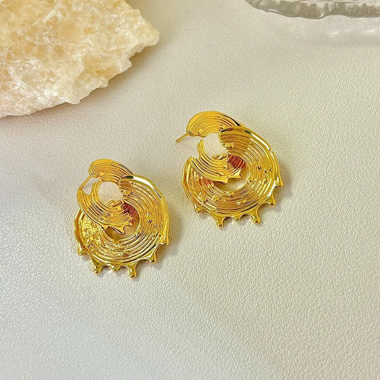 Vintage Gold Wave Round Double Hoop Stud Earrings-Ariette Jewelry