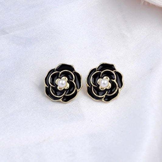 Black Enamel Flower Pearl Earrings-Ariette Jewelry