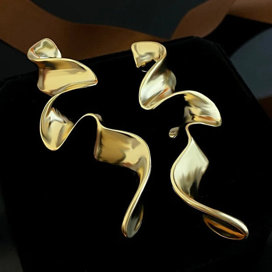 Gold Curved Abstract Wavy Earrings-Ariette Jewelry