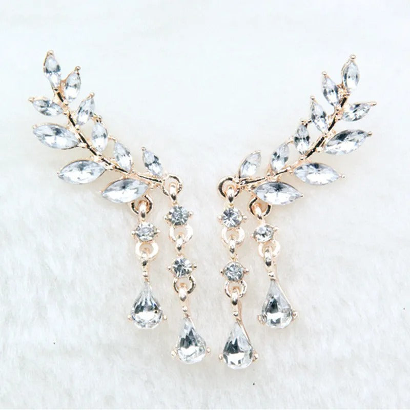 Gold Crystal Leaf Tassel Dangle Earrings-Ariette Jewelry