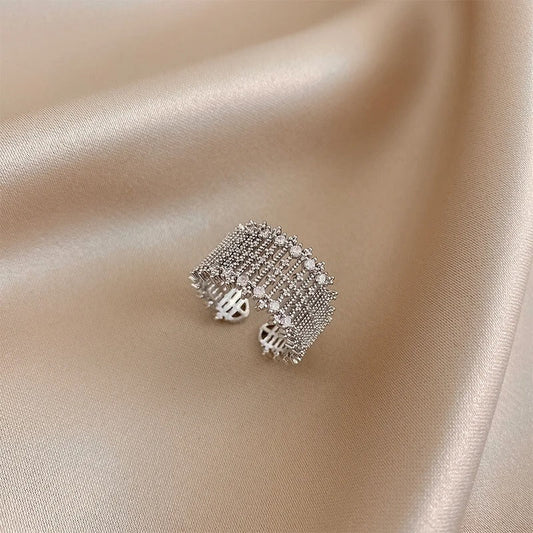 Silver Sparkling Mesh Style Adjustable Ring-Ariette Jewelry