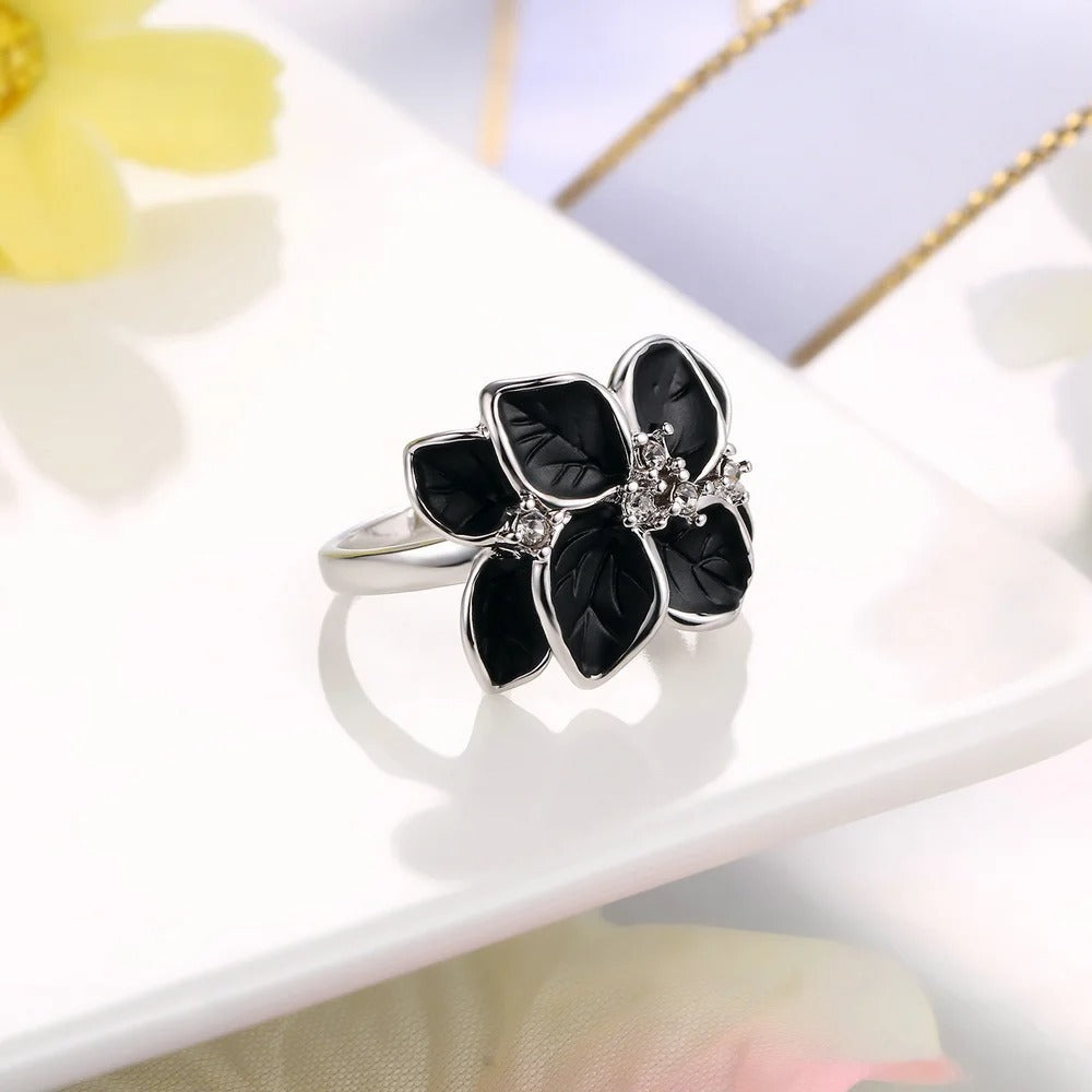 Classic Silver Black Floral Leaf Ring-Ariette Jewelry
