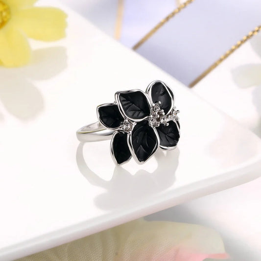 Classic Silver Black Floral Leaf Ring-Ariette Jewelry