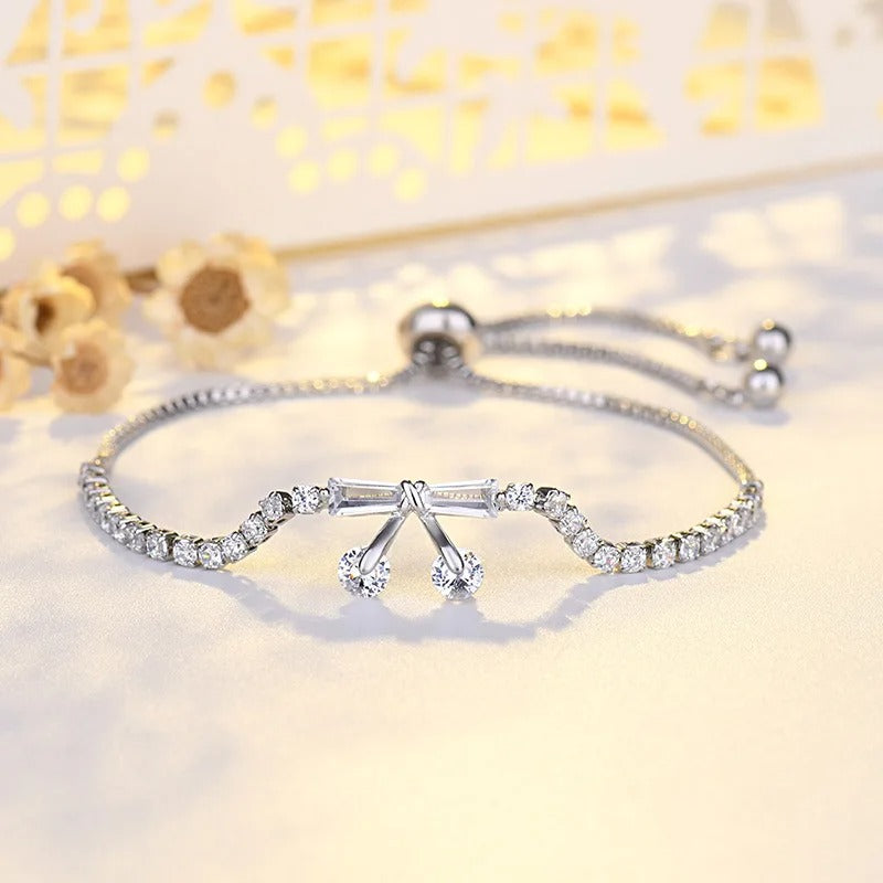 Vintage Silver Crystal Bow & Drop Pendant Bracelet-Ariette Jewelry