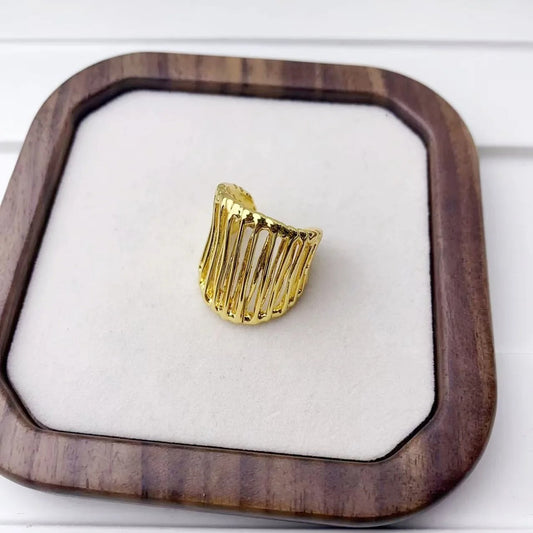 Gold Ribbed Bold Adjustable Ring-Ariette Jewelry