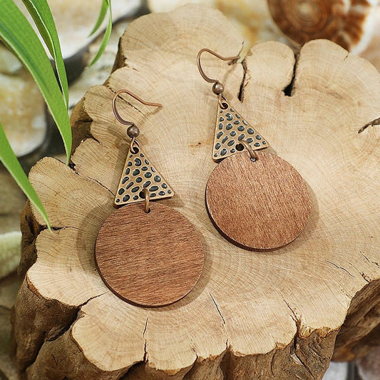 Wooden Disc & Carved Triangle Drop Earrings-Ariette Jewelry