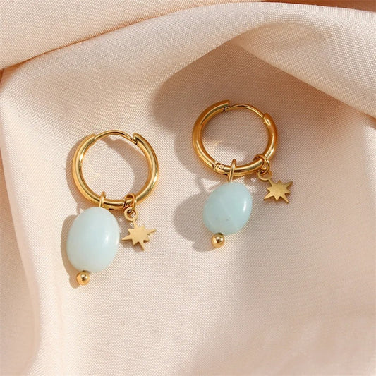 Vintage Aqua Bead & Star Gold Hoop Earrings-Ariette Jewelry