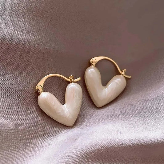 Vintage White Heart Gold Hoop Earrings-Ariette Jewelry