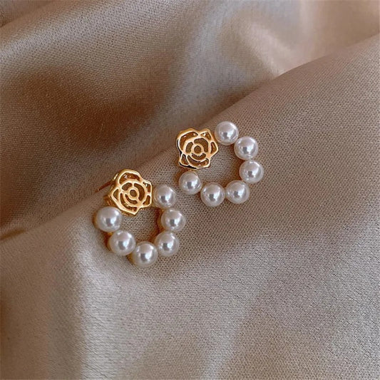 Gold Pearl & Rose Floral Hoop Earrings-Ariette Jewelry