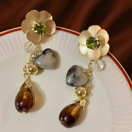 Classic Gold Flower Earthy Gemstone Dangle Earrings-Ariette Jewelry