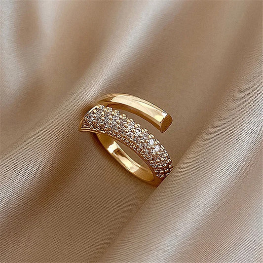 Gold Pave Crossover Sparkling Crystal Adjustable Ring-Ariette Jewelry