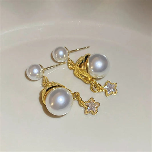 Antique Style Pearl & Sparkling Star Charm Gold Earrings-Ariette Jewelry
