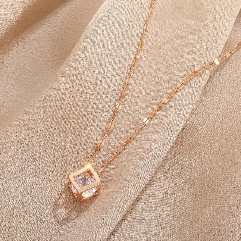 Vintage Rose Gold Crystal-Studded Square Pendant Necklace-Ariette Jewelry