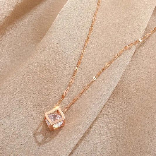 Vintage Rose Gold Crystal-Studded Square Pendant Necklace-Ariette Jewelry
