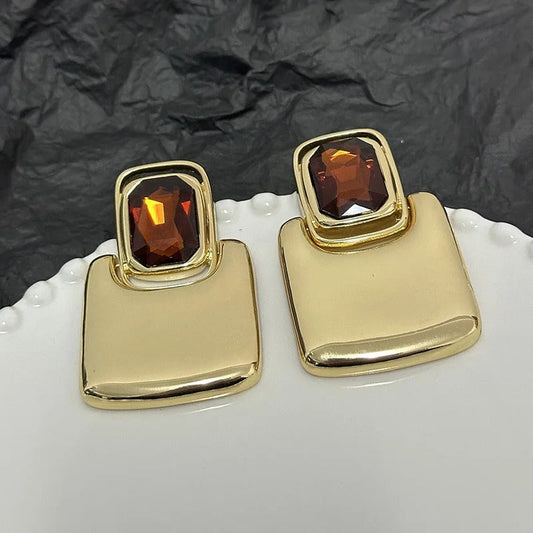 Gold Brown Gemstone Square Crystal Stud Earrings-Ariette Jewelry