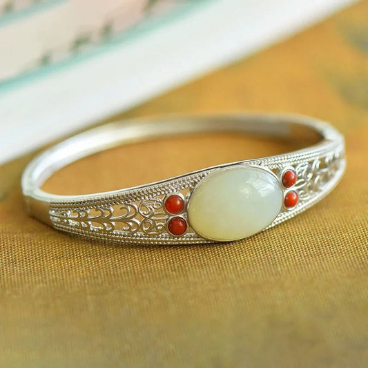 Classic Silver Green Stone & Coral Bangle Bracelet-Ariette Jewelry