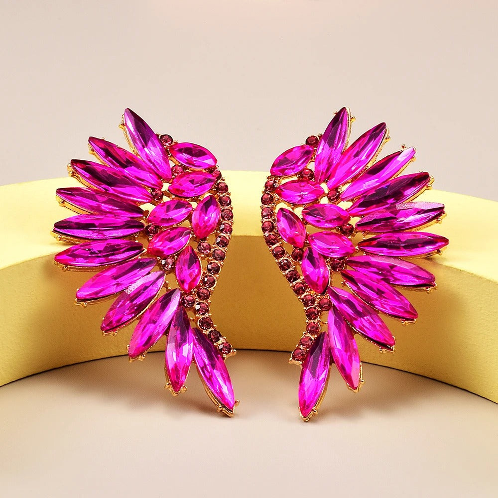 Vintage Pink Wing Crystal Gold Earrings-Ariette Jewelry