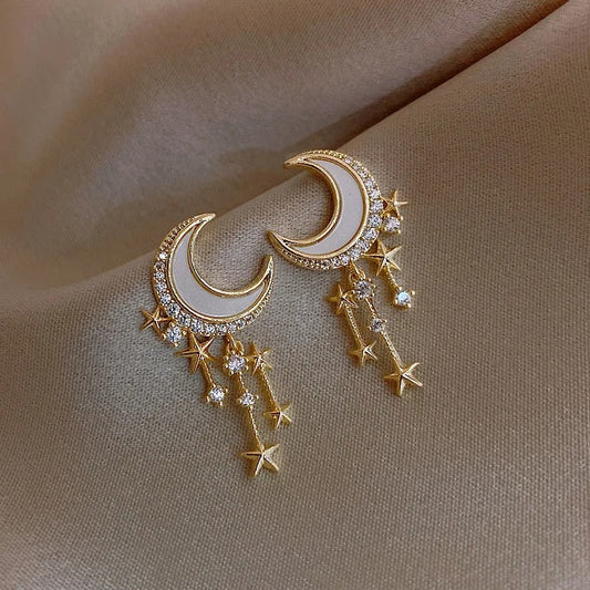 Vintage Gold Moon & Star Crystal Drop Earrings-Ariette Jewelry