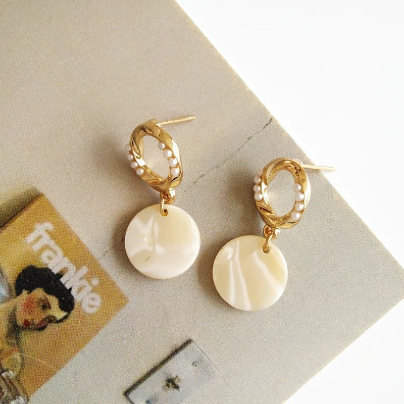 Gold & White Round Pearl Drop Earrings-Ariette Jewelry