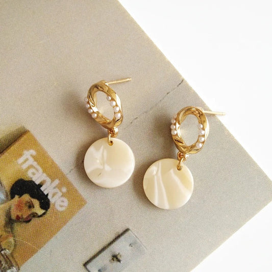 Gold & White Round Pearl Drop Earrings-Ariette Jewelry
