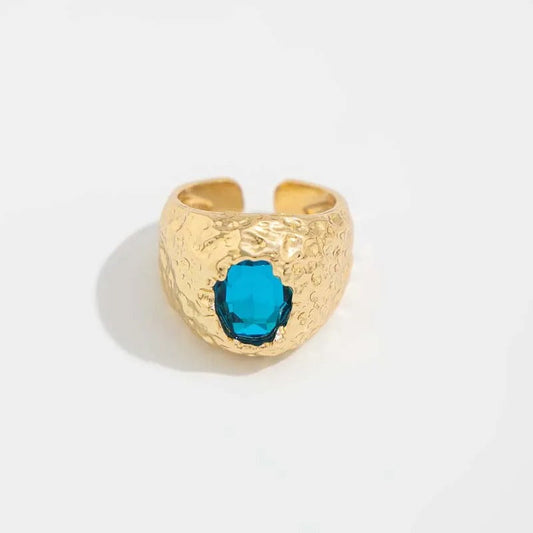 Gold Hammered Vibrant Blue Gemstone Adjustable Ring-Ariette Jewelry
