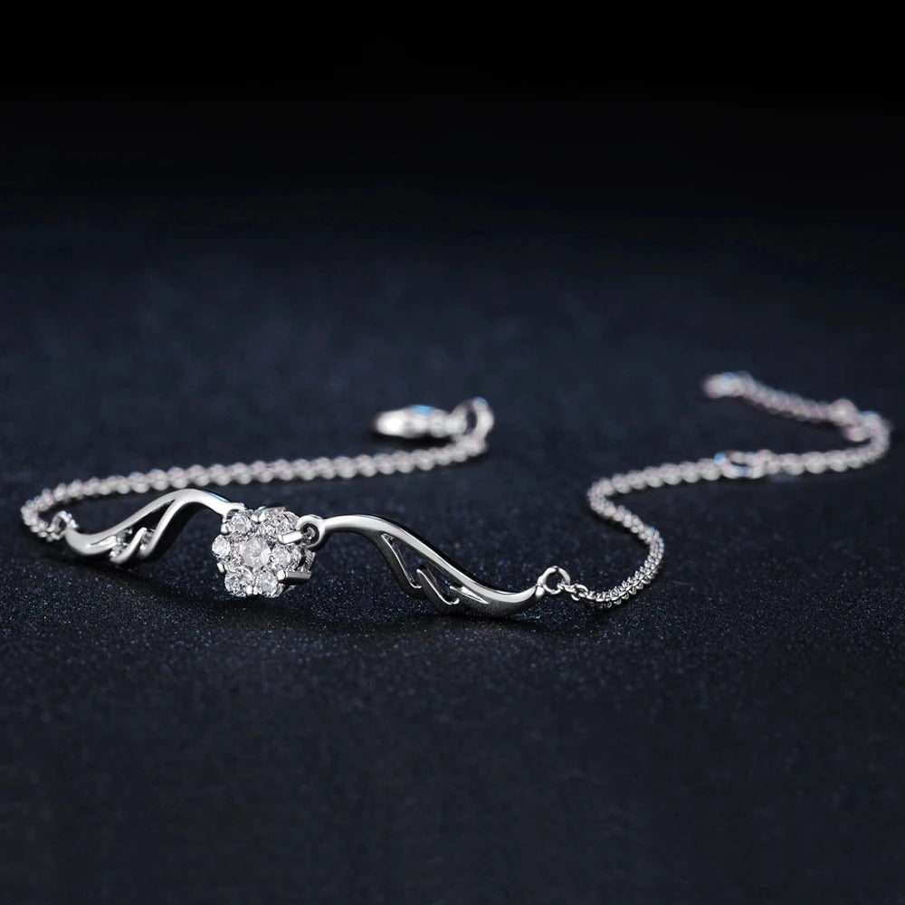 Vintage Silver Crystal Flower & Curved Design Bracelet-Ariette Jewelry