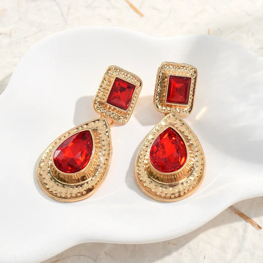 Gold Vintage Red Gemstone Dangle Earrings-Ariette Jewelry