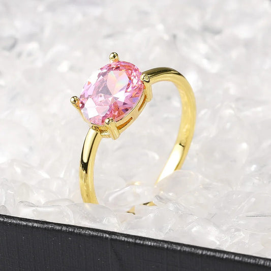 Gold Oval Pink Center Stone & Smooth Band Ring-Ariette Jewelry