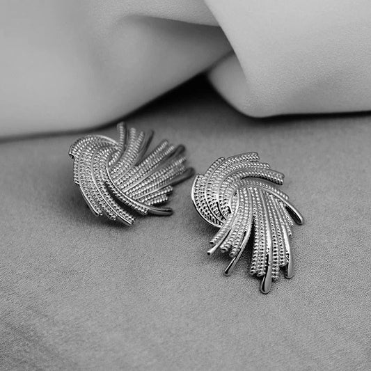 Silver Spiral Feather Design Stud Earrings-Ariette Jewelry