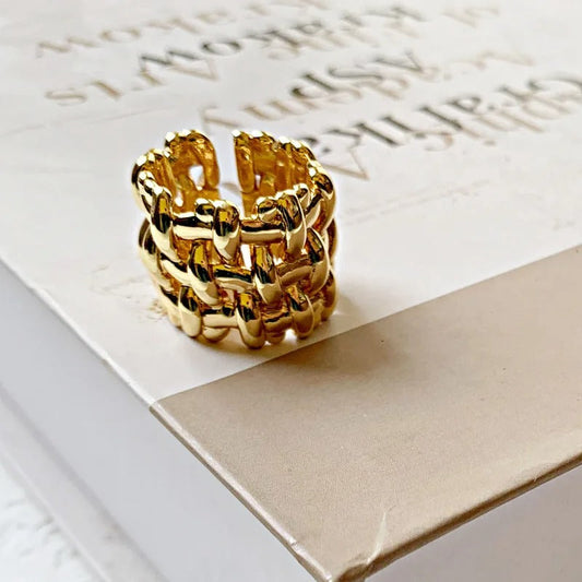 Gold Braided Statement Unique Adjustable Ring-Ariette Jewelry