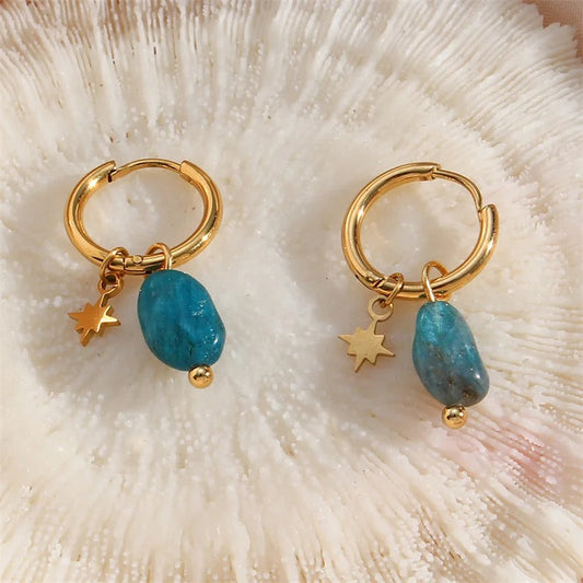 Classic Gold Turquoise Charm & Star Pendant Hoop Earrings-Ariette Jewelry