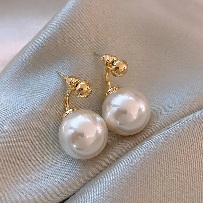Classic White Pearl & Curved Gold Earrings-Ariette Jewelry
