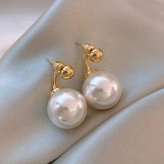 Classic White Pearl & Curved Gold Earrings-Ariette Jewelry