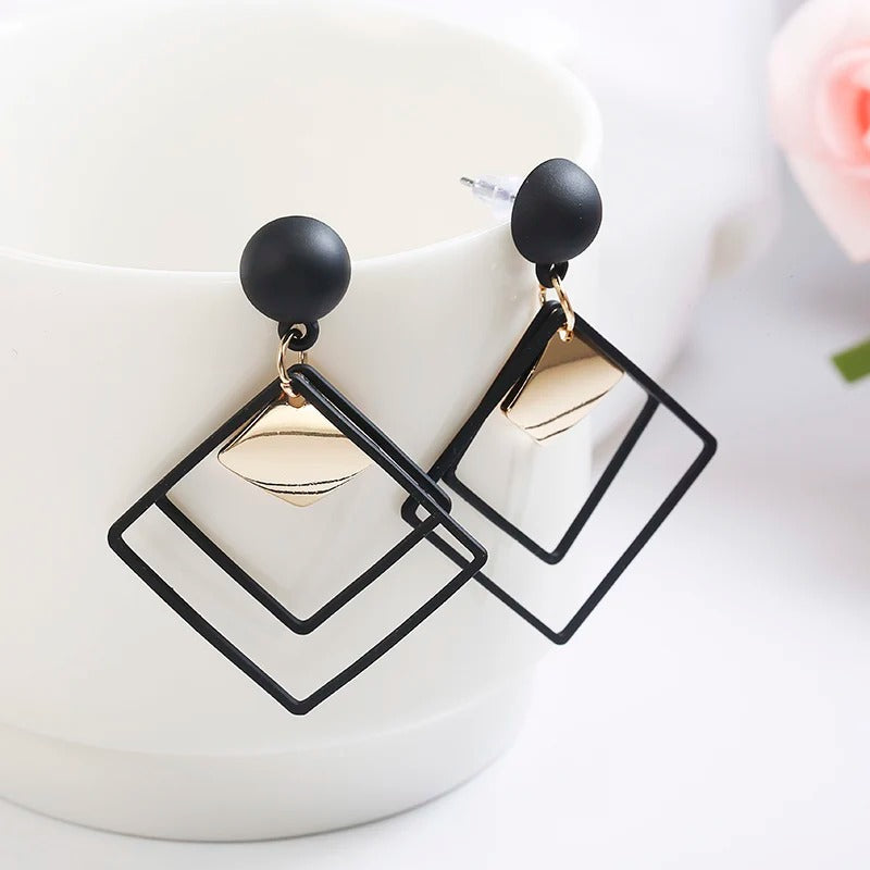 Vintage Black Square Gold Geometric Earrings-Ariette Jewelry