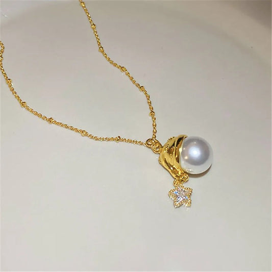 Vintage Gold Pearl Pendant & Star Charm Necklace-Ariette Jewelry