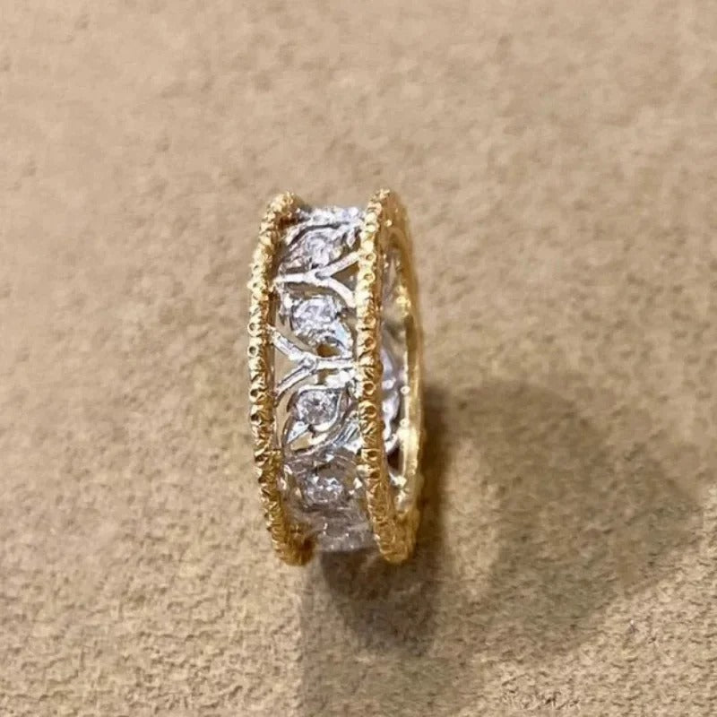 Classic Gold & Silver Carved Diamond Leaf Adjustable Ring-Ariette Jewelry