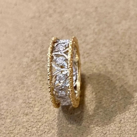 Classic Gold & Silver Carved Diamond Leaf Adjustable Ring-Ariette Jewelry