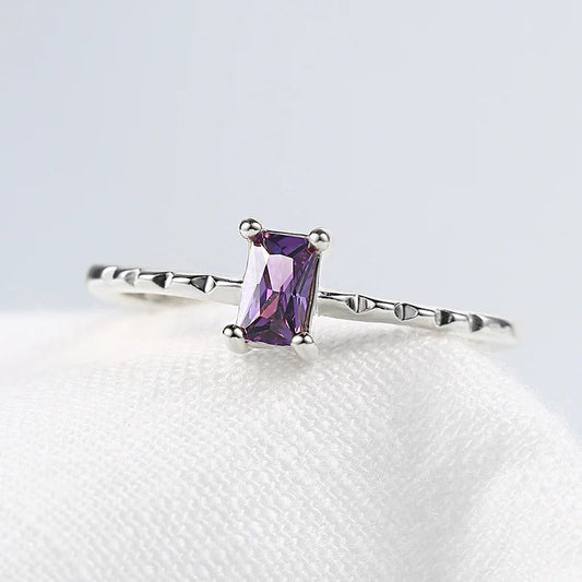 Silver Rectangular Purple Gem & Unique Textured Band Ring-Ariette Jewelry